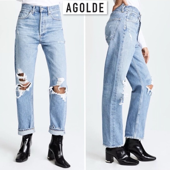 AGOLDE 90s High Rise Loose Fit Jeans Fall Out Wash Distressed Denim 26 A069C-811 - Picture 3 of 16